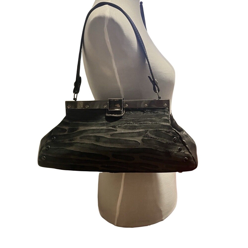 Patricia Nash Black leather & calf hair zebra Stripes silver tone frame Satchel